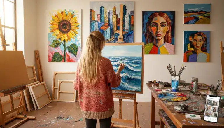 Pictură în atelier de artă, artistă în timpul creației, pictură abstractă și portrete vibrant.