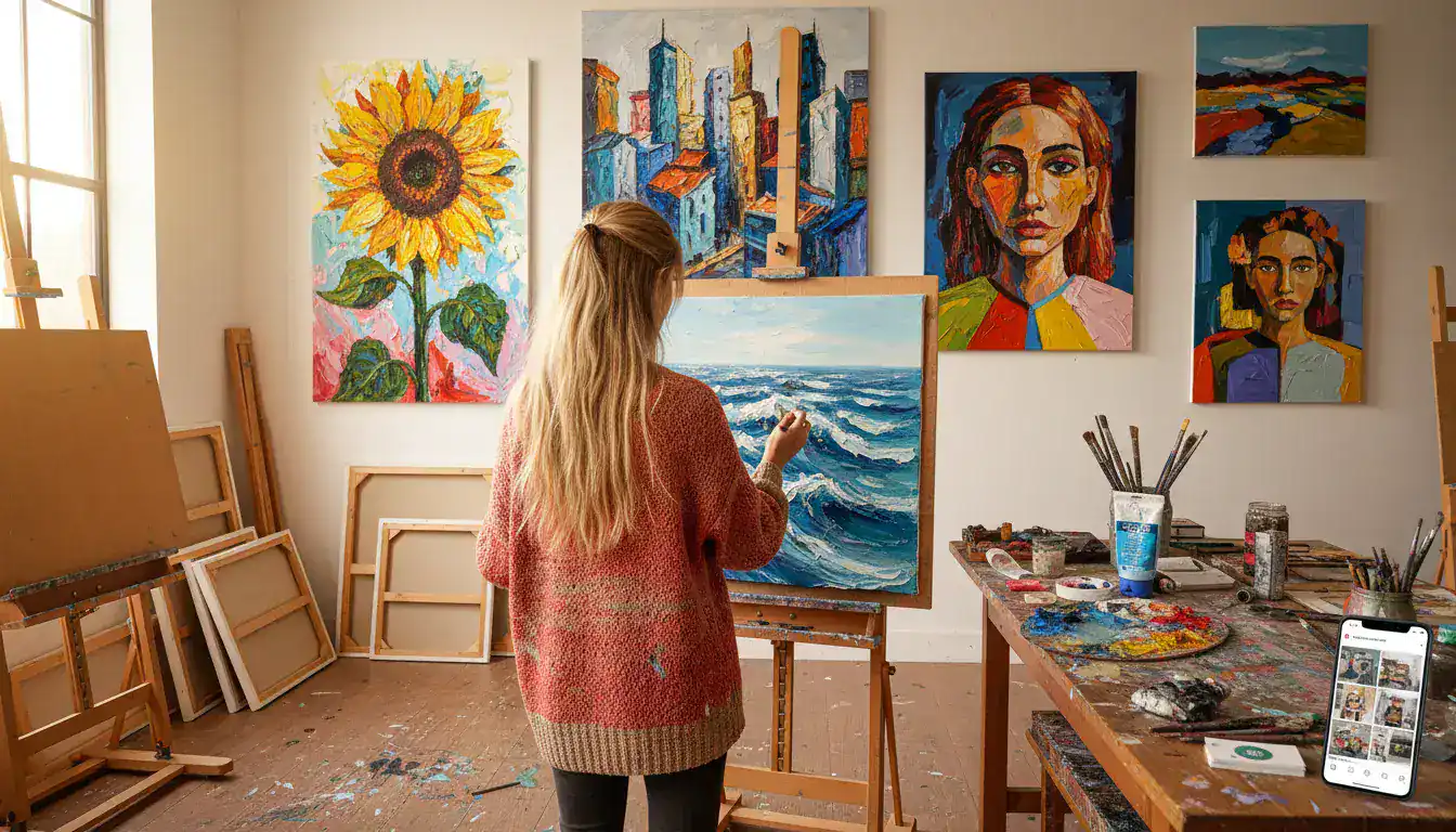 Pictură în atelier de artă, artistă în timpul creației, pictură abstractă și portrete vibrant.